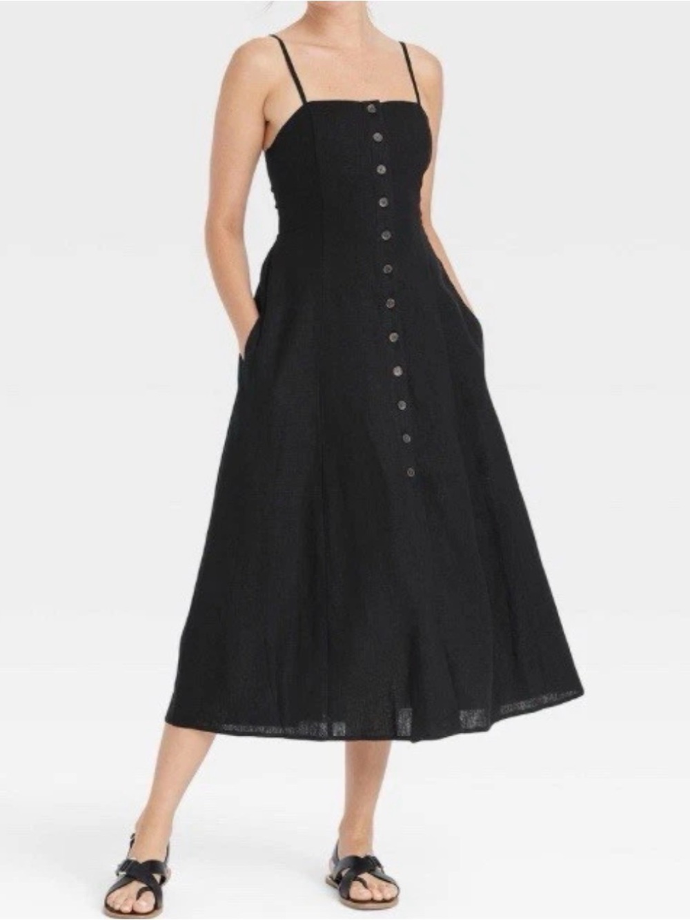 Black Universal Threads Linen button-Front Midi Dress with Spaghetti straps, M